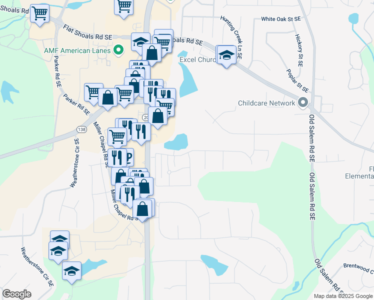 map of restaurants, bars, coffee shops, grocery stores, and more near 1279 Saxony Drive Southeast in Conyers