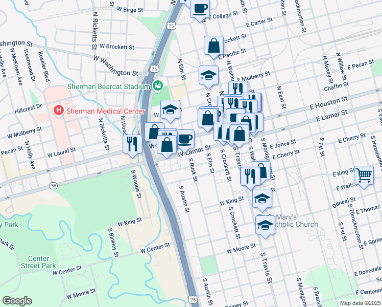map of restaurants, bars, coffee shops, grocery stores, and more near 316 West Lamar Street in Sherman