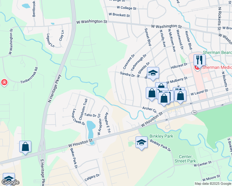 map of restaurants, bars, coffee shops, grocery stores, and more near 1824 Crescent Drive in Sherman