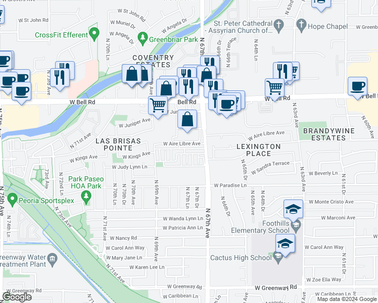 map of restaurants, bars, coffee shops, grocery stores, and more near 6722 West Kings Avenue in Peoria
