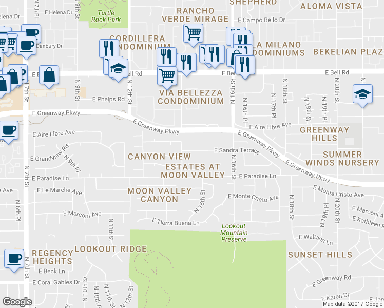 map of restaurants, bars, coffee shops, grocery stores, and more near 1411 East Sandra Terrace in Phoenix