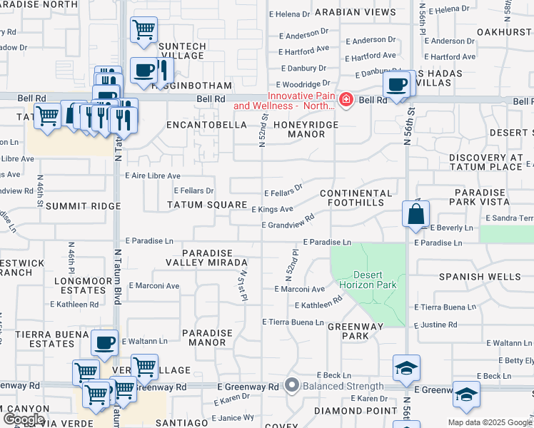 map of restaurants, bars, coffee shops, grocery stores, and more near 5201 East Kings Avenue in Scottsdale