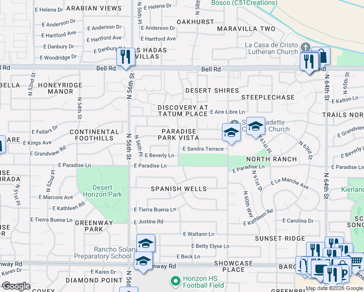 map of restaurants, bars, coffee shops, grocery stores, and more near 5809 East Sandra Terrace in Scottsdale