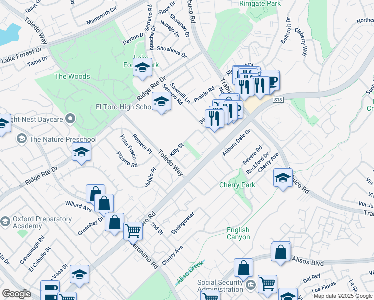 map of restaurants, bars, coffee shops, grocery stores, and more near 22631 Claude Circle in Lake Forest