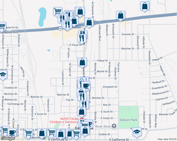 map of restaurants, bars, coffee shops, grocery stores, and more near 1001 North Clements Street in Gainesville