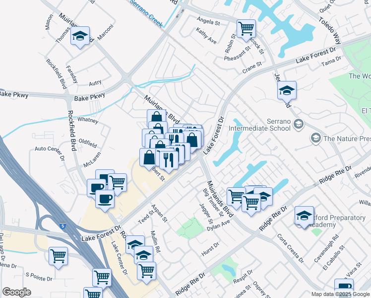 map of restaurants, bars, coffee shops, grocery stores, and more near 22631 Lake Forest Drive in Lake Forest