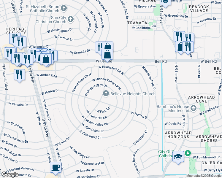 map of restaurants, bars, coffee shops, grocery stores, and more near 9421 West Cedar Hill Circle North in Sun City