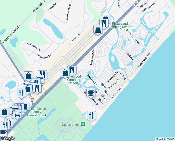 map of restaurants, bars, coffee shops, grocery stores, and more near 502 Lakewood Drive in Myrtle Beach