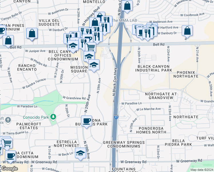 map of restaurants, bars, coffee shops, grocery stores, and more near 16404 North Black Canyon Highway in Phoenix