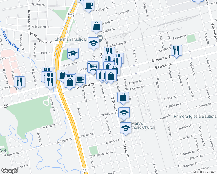 map of restaurants, bars, coffee shops, grocery stores, and more near 212 South Travis Street in Sherman