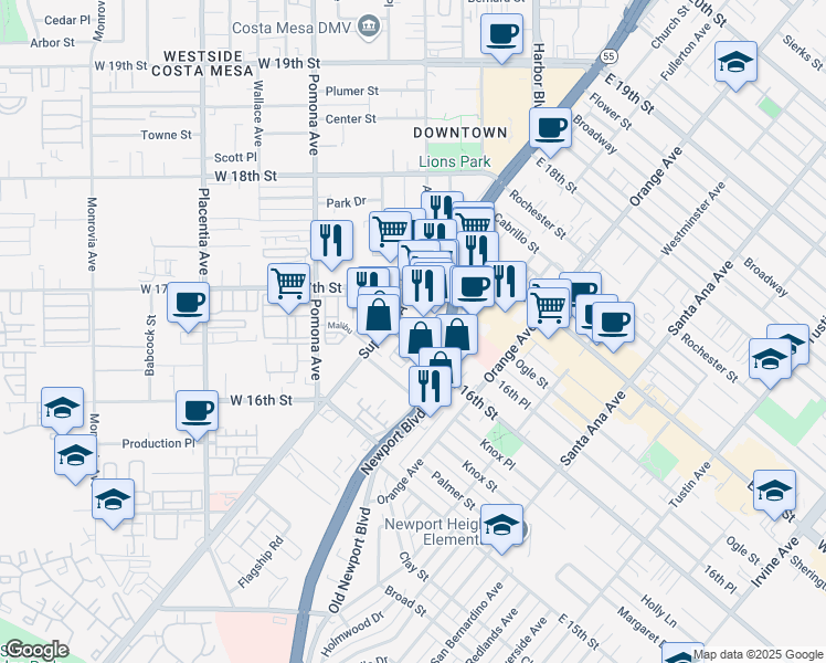 map of restaurants, bars, coffee shops, grocery stores, and more near 126 A East 16th Street in Costa Mesa