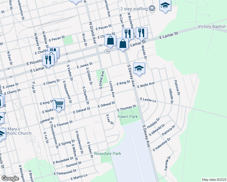 map of restaurants, bars, coffee shops, grocery stores, and more near 1421 East Wells Avenue in Sherman