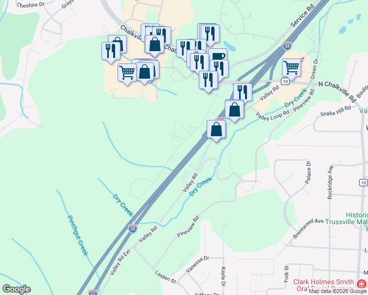 map of restaurants, bars, coffee shops, grocery stores, and more near 5859 Service Road in Birmingham