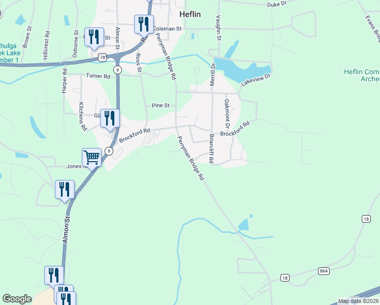 map of restaurants, bars, coffee shops, grocery stores, and more near 637 Perryman Bridge Road in Heflin