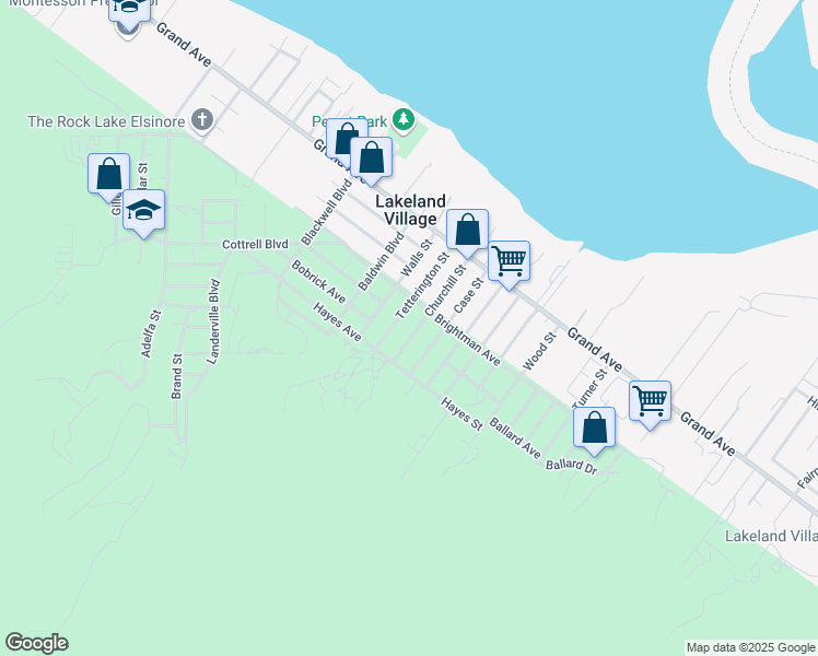 map of restaurants, bars, coffee shops, grocery stores, and more near 33215 Churchill Street in Lake Elsinore