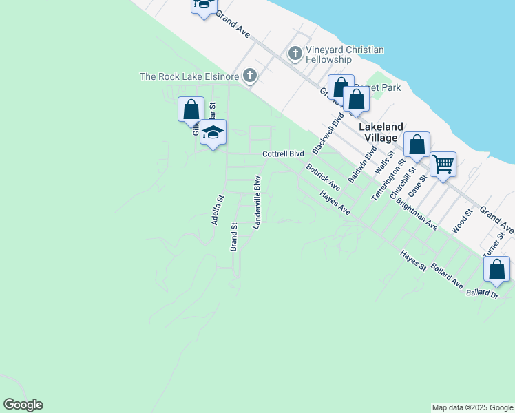 map of restaurants, bars, coffee shops, grocery stores, and more near Landerville Boulevard in Lake Elsinore