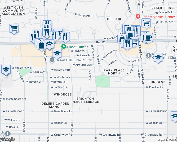 map of restaurants, bars, coffee shops, grocery stores, and more near 16418 North 47th Drive in Glendale