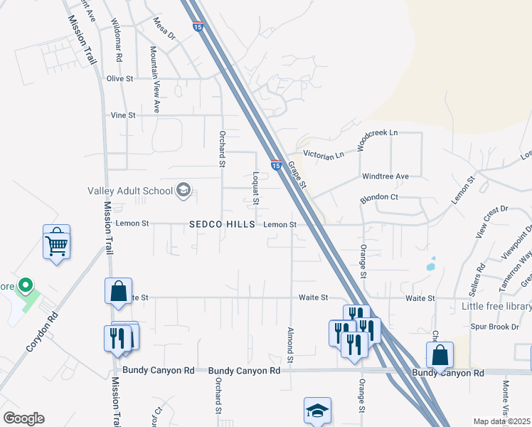 map of restaurants, bars, coffee shops, grocery stores, and more near 33462 Loquat Street in Wildomar