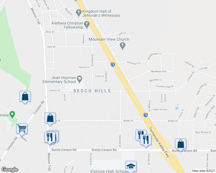 map of restaurants, bars, coffee shops, grocery stores, and more near 33462 Loquat Street in Wildomar