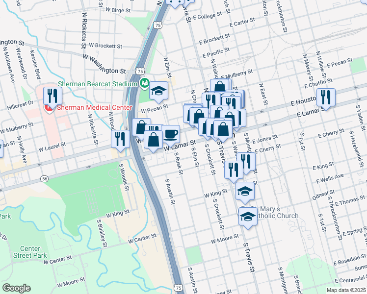 map of restaurants, bars, coffee shops, grocery stores, and more near 316 West Lamar Street in Sherman