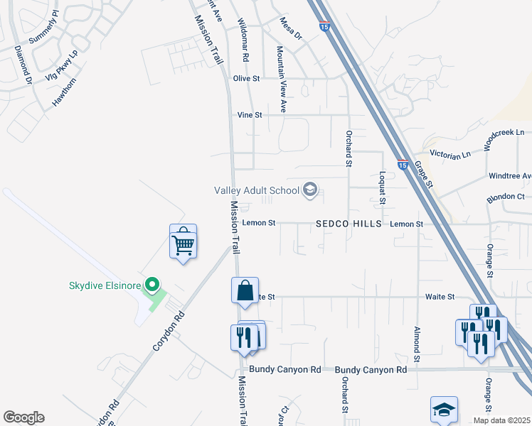 map of restaurants, bars, coffee shops, grocery stores, and more near 21200 Lemon Street in Wildomar
