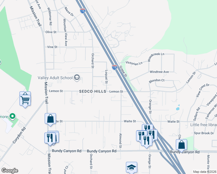map of restaurants, bars, coffee shops, grocery stores, and more near 33475 Loquat Street in Wildomar