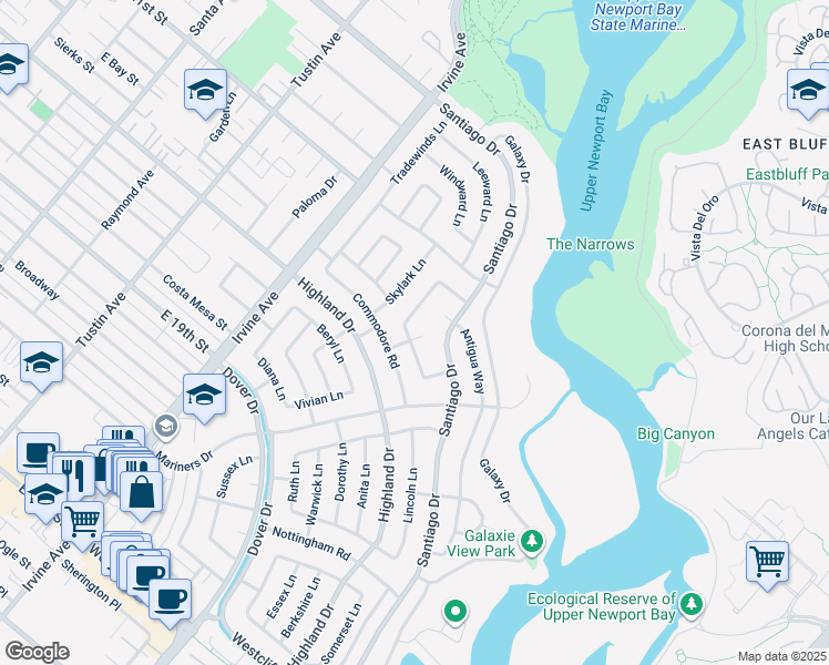 map of restaurants, bars, coffee shops, grocery stores, and more near 1701 Starlight Circle in Newport Beach