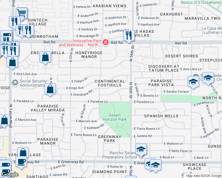 map of restaurants, bars, coffee shops, grocery stores, and more near 5444 East Sandra Terrace in Scottsdale