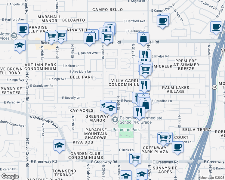 map of restaurants, bars, coffee shops, grocery stores, and more near 16225 North 29th Street in Phoenix