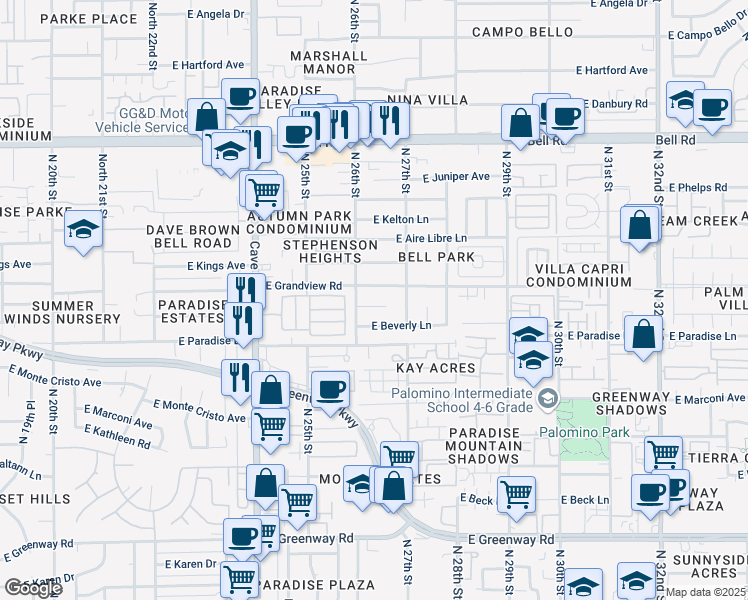 map of restaurants, bars, coffee shops, grocery stores, and more near 2607 East Sandra Terrace in Phoenix
