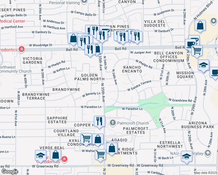 map of restaurants, bars, coffee shops, grocery stores, and more near 3435 West Kings Avenue in Phoenix