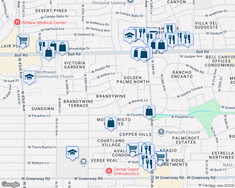 map of restaurants, bars, coffee shops, grocery stores, and more near 3645 West Grandview Road in Phoenix