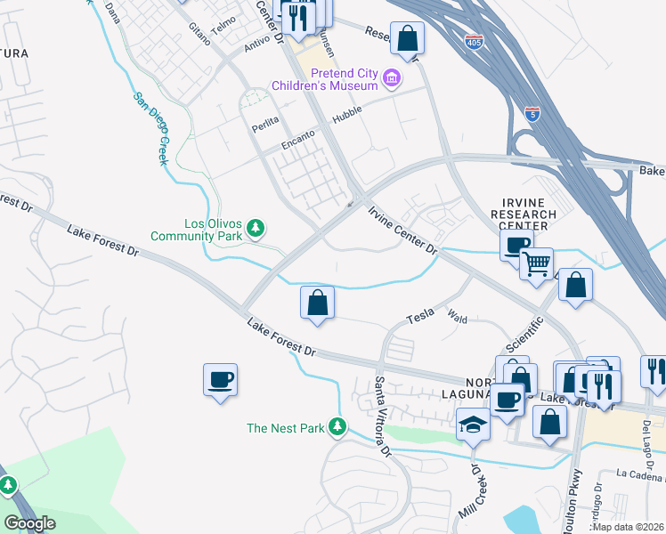 map of restaurants, bars, coffee shops, grocery stores, and more near 16360 Bake Pkwy in Irvine