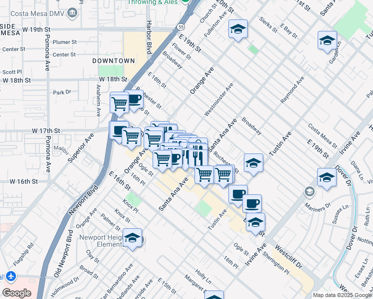 map of restaurants, bars, coffee shops, grocery stores, and more near 283 Cabrillo Street in Costa Mesa