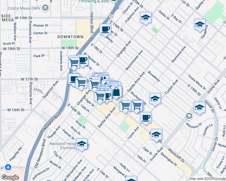 map of restaurants, bars, coffee shops, grocery stores, and more near in Costa Mesa