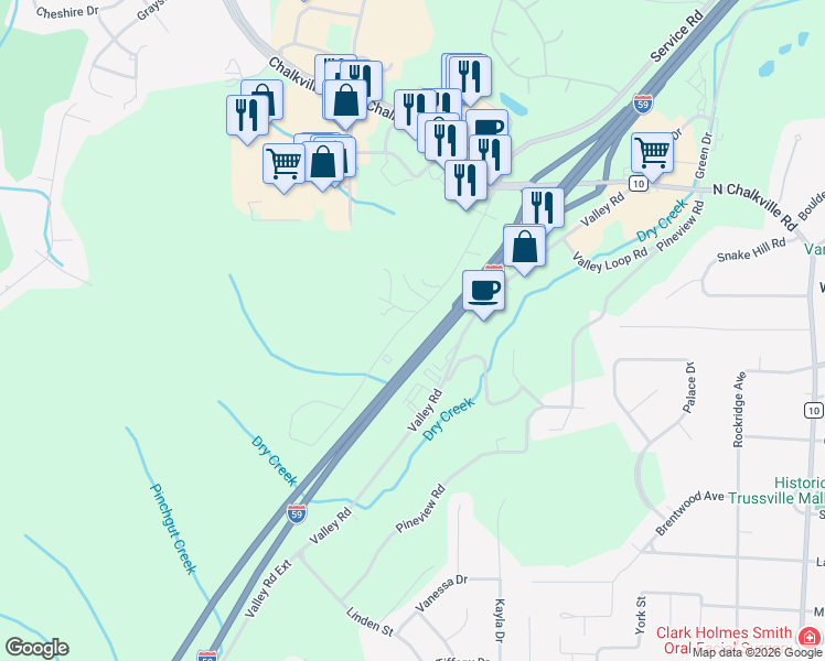 map of restaurants, bars, coffee shops, grocery stores, and more near 5859 Service Road in Birmingham