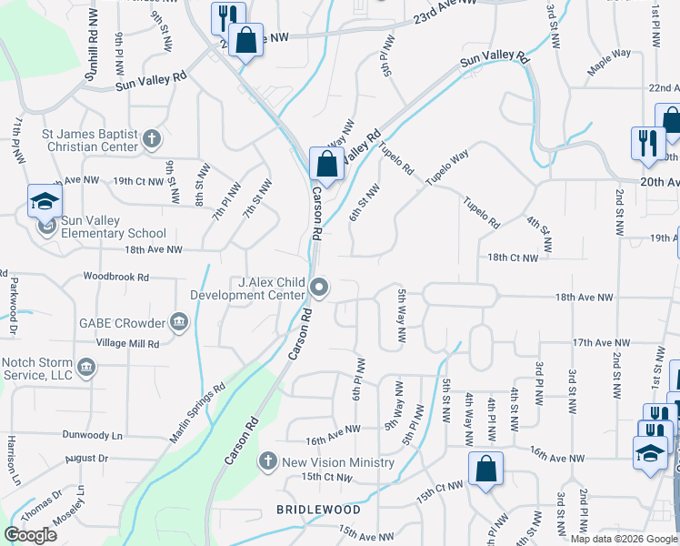 map of restaurants, bars, coffee shops, grocery stores, and more near 1763 6th Place Northwest in Center Point