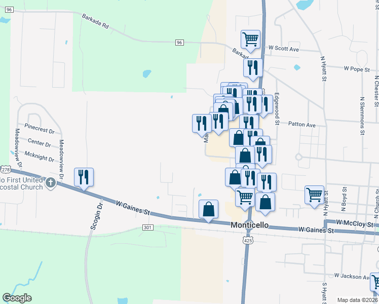 map of restaurants, bars, coffee shops, grocery stores, and more near 141 Ragland Avenue in Monticello