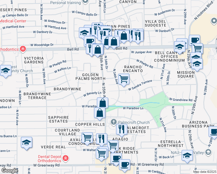 map of restaurants, bars, coffee shops, grocery stores, and more near 3435 West Kings Avenue in Phoenix