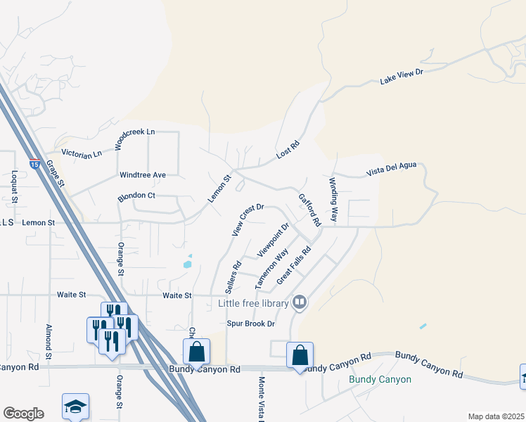 map of restaurants, bars, coffee shops, grocery stores, and more near 33436 View Crest Drive in Wildomar