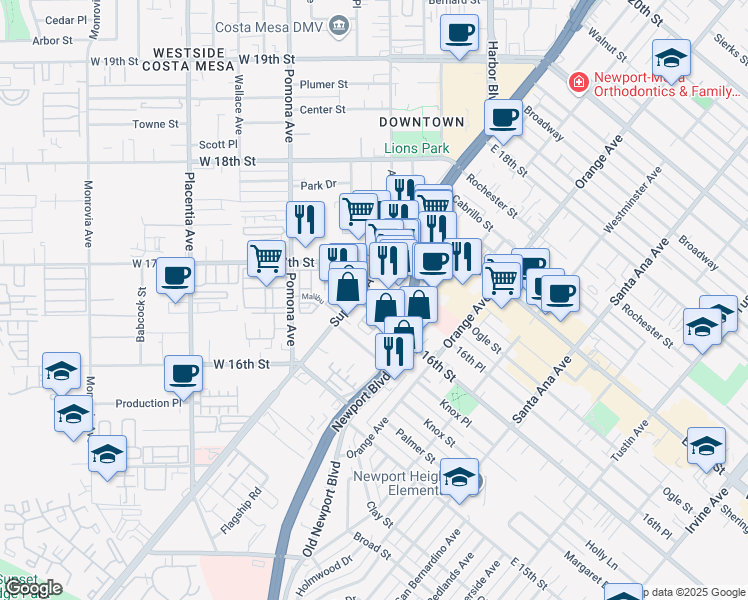 map of restaurants, bars, coffee shops, grocery stores, and more near 116 East 16th Street in Costa Mesa