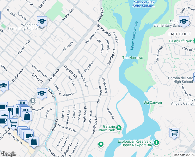 map of restaurants, bars, coffee shops, grocery stores, and more near 1633 Santiago Drive in Newport Beach