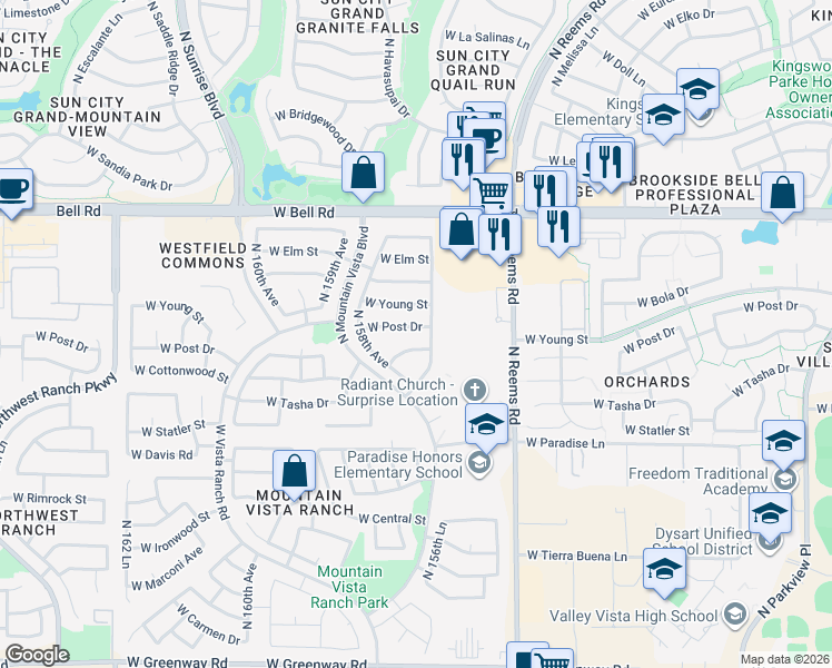 map of restaurants, bars, coffee shops, grocery stores, and more near 15718 West Cottonwood Street in Surprise