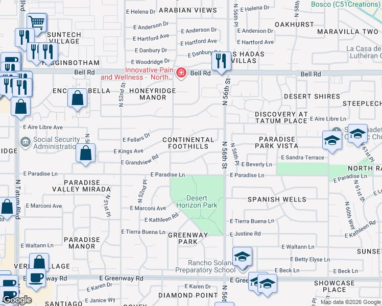 map of restaurants, bars, coffee shops, grocery stores, and more near 5444 East Sandra Terrace in Scottsdale