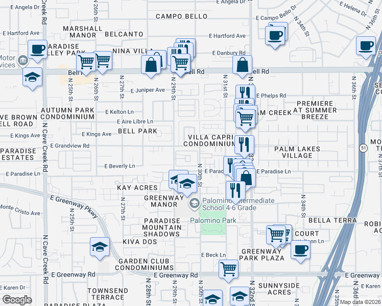 map of restaurants, bars, coffee shops, grocery stores, and more near 16225 North 29th Street in Phoenix