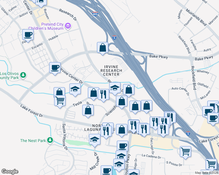 map of restaurants, bars, coffee shops, grocery stores, and more near 9550 Research Drive in Irvine