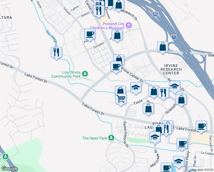 map of restaurants, bars, coffee shops, grocery stores, and more near 16360 Bake Parkway in Irvine