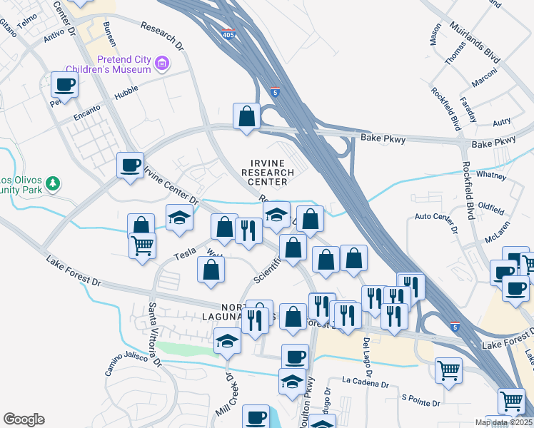 map of restaurants, bars, coffee shops, grocery stores, and more near 9550 Research Drive in Irvine