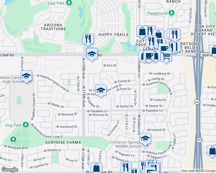 map of restaurants, bars, coffee shops, grocery stores, and more near 16627 North 173rd Avenue in Surprise