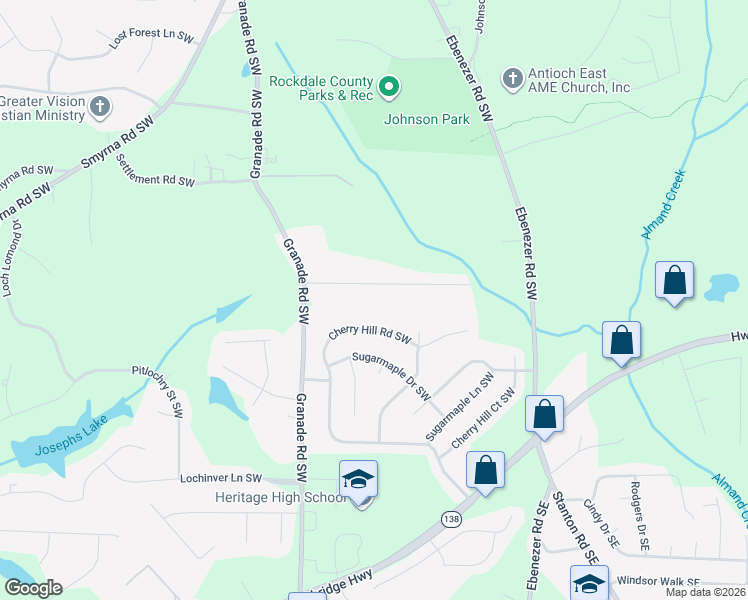 map of restaurants, bars, coffee shops, grocery stores, and more near 1826 McCollum Road Southwest in Conyers